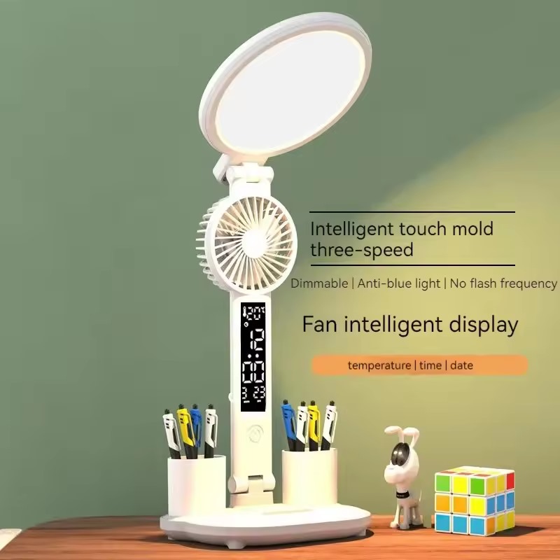 ET Perpetual calendar display LED desk lamp with fan and dual pen holder