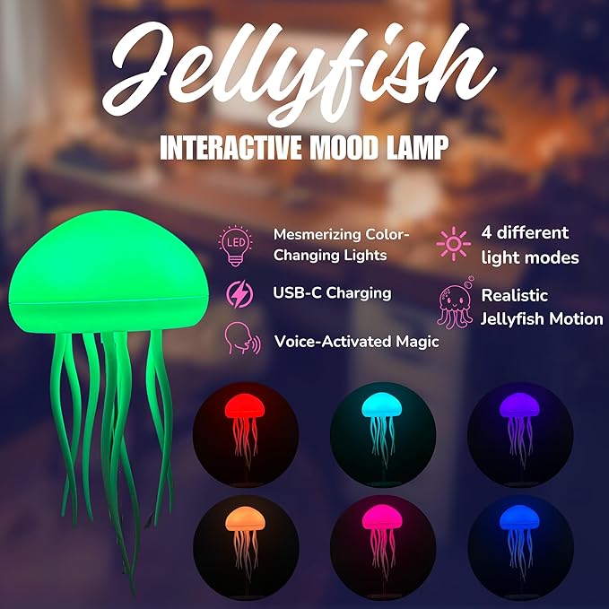 ET RGB Gradient Cute Jellyfish Bedside Lamp Voice Control Light Rechargeable – Type-C Table Lamp Bedside Lamp with Touch Sensor Lamp for Bedrooms, Living Room